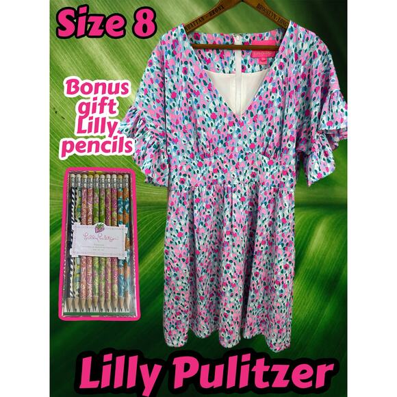 Lilly Pulitzer Hottie Dottie Blaire Stretch Dress Teal Pink Size 8 W/Pencils! - Picture 1 of 16